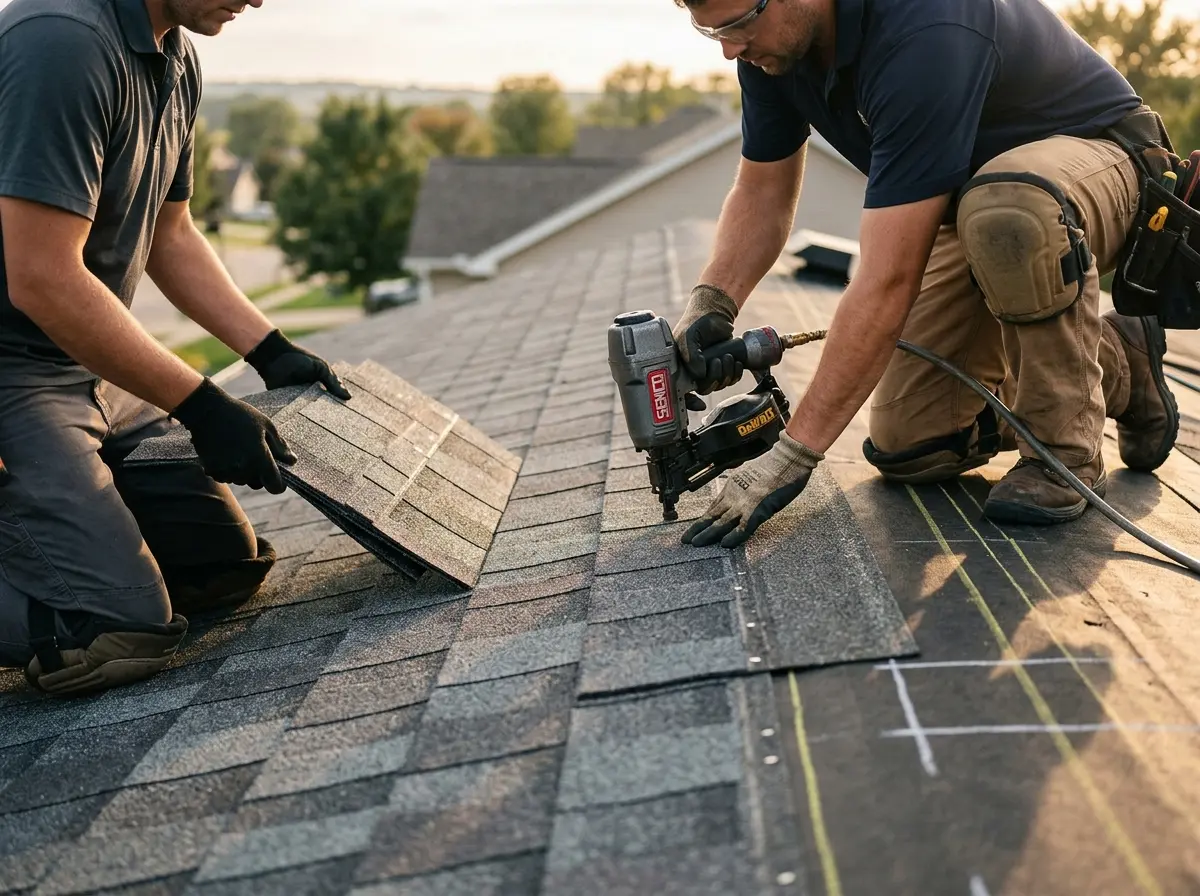 Professional roofer working on a residential roof in Baltimore